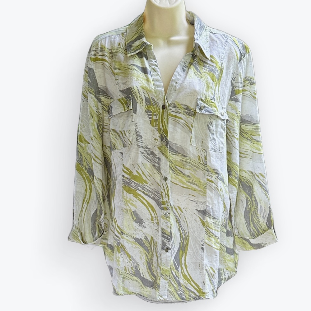 EuroGirl Chic Coastal Linen Polished Casual Fresh Green Abstract Button Shirt~18